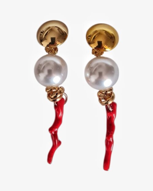 Orecchini pendenti a clip con perle e coralli